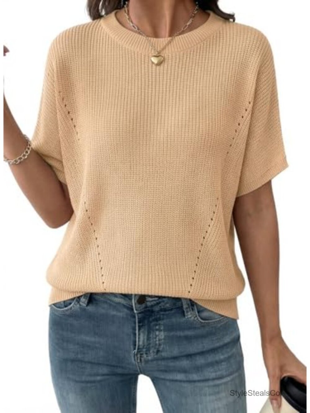 Short Sleeve Rib-Knit V Neck Sweater Lightweight Pullover Top